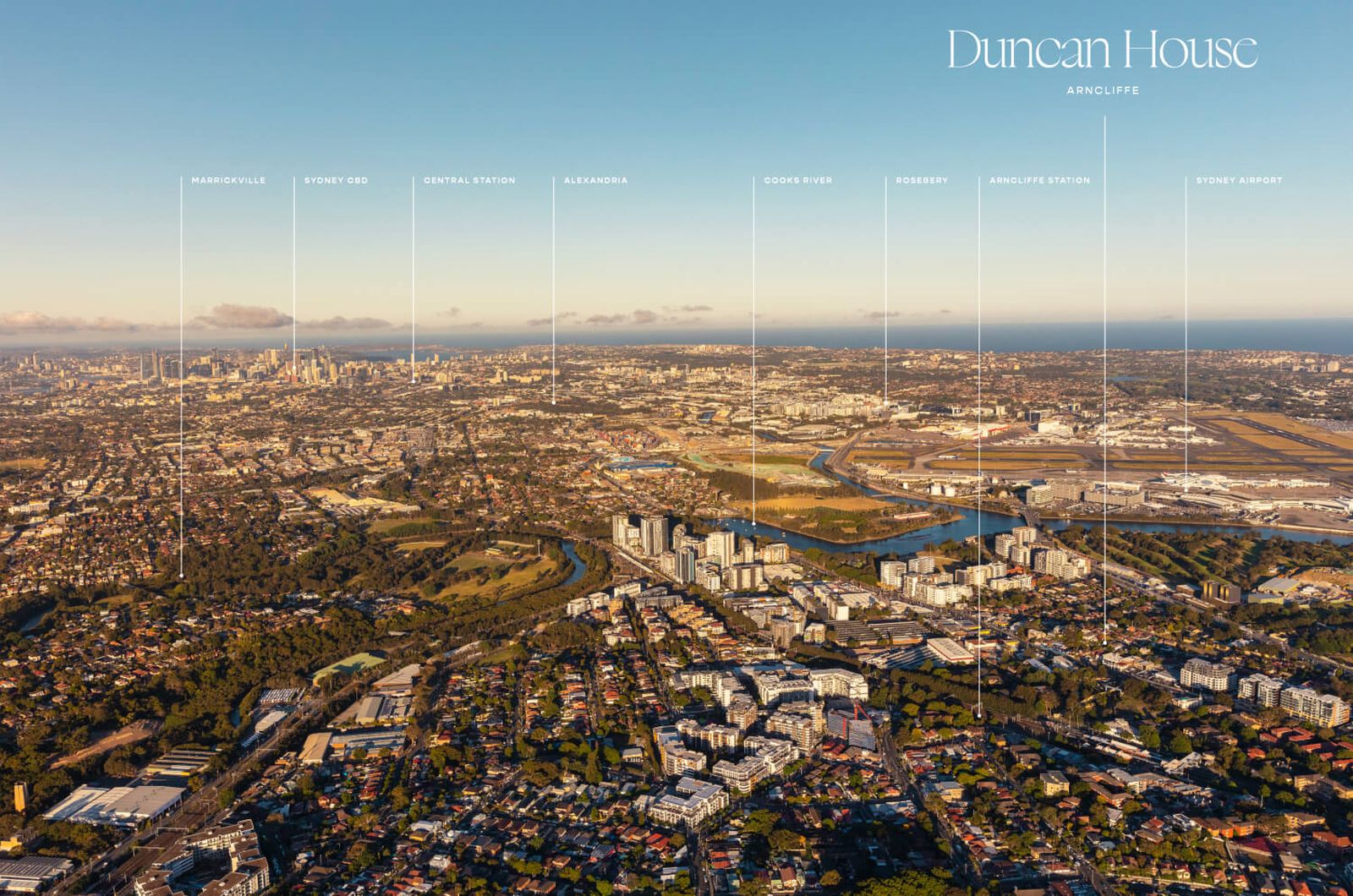 Arial map view of city with suburbs marked